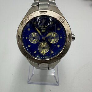 3/$30 Relic Watch Men Silver Tone Blue Day Date Round Dial 39MM New Battery